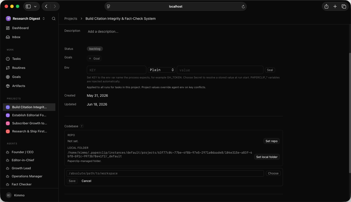Project → Codebase: Set local folder, pointing at an absolute path on the host Project Codebase section with Set local folder and the absolute-path input