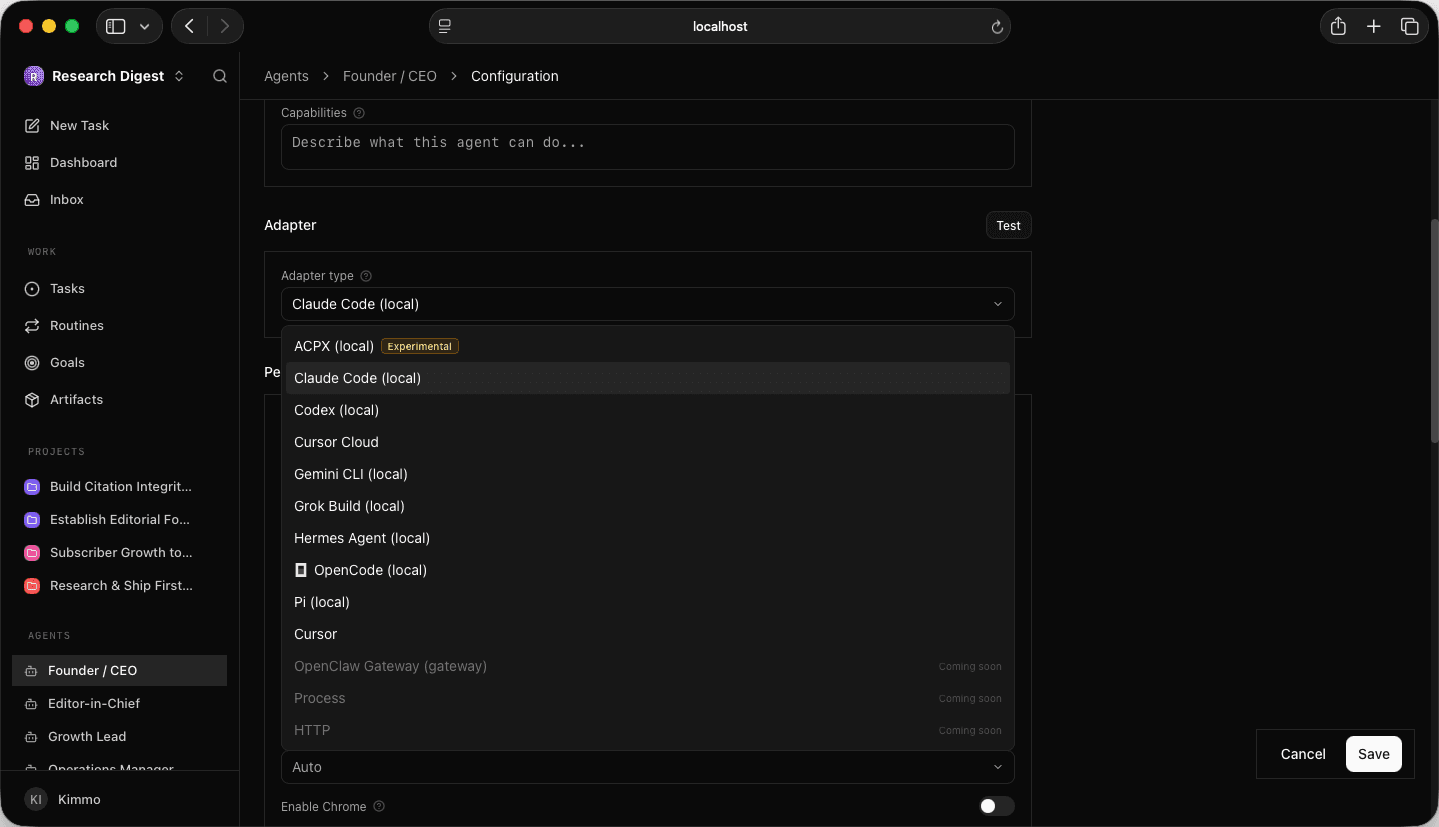 Configuration → Adapter: the adapter type dropdown, Claude Code (local) selected Agent Configuration Adapter type dropdown open with Claude Code (local) selected