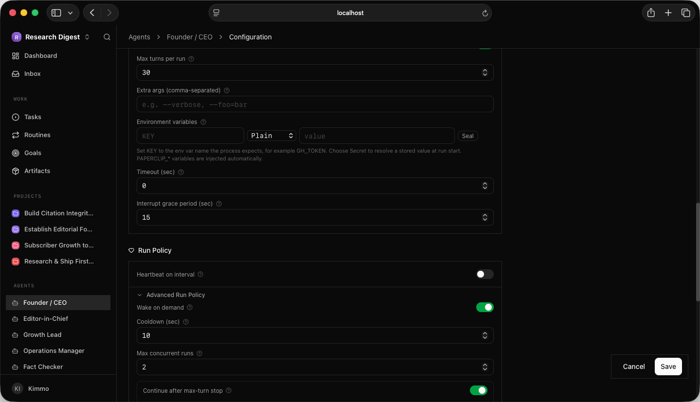 Run Policy: Max turns per run at 30, Max concurrent runs at 2, Continue after max-turn stop on Agent run-policy settings with Max turns per run 30 and Max concurrent runs 2